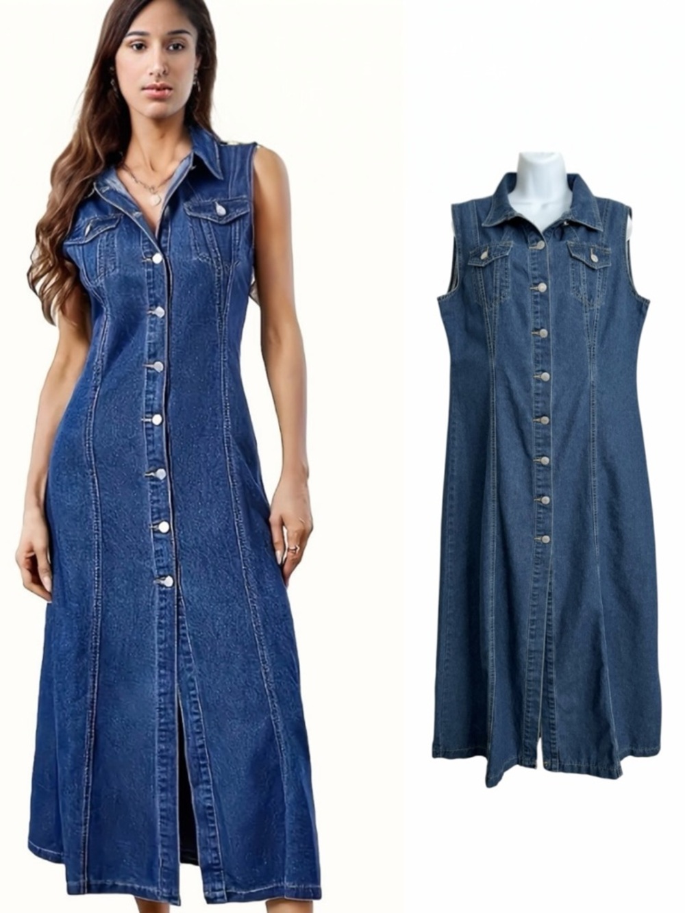 Blue Denim Sleeveless Shirt Collar Dress Size Large Button Down Maxi Casual